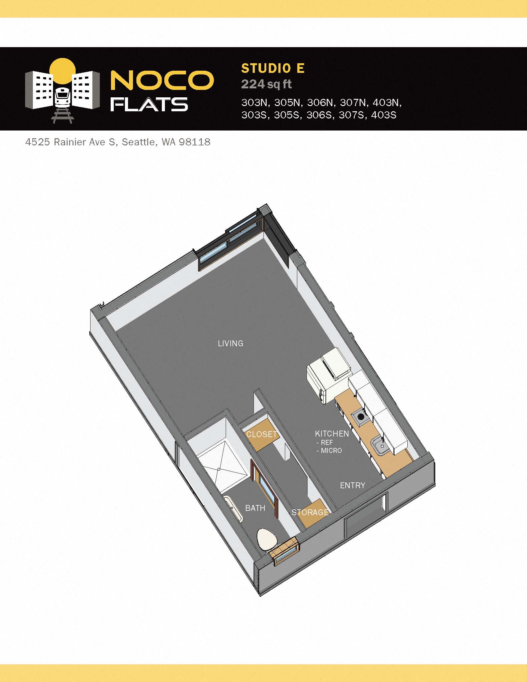 Floor plan for studio, 1 bath, 224 sqft